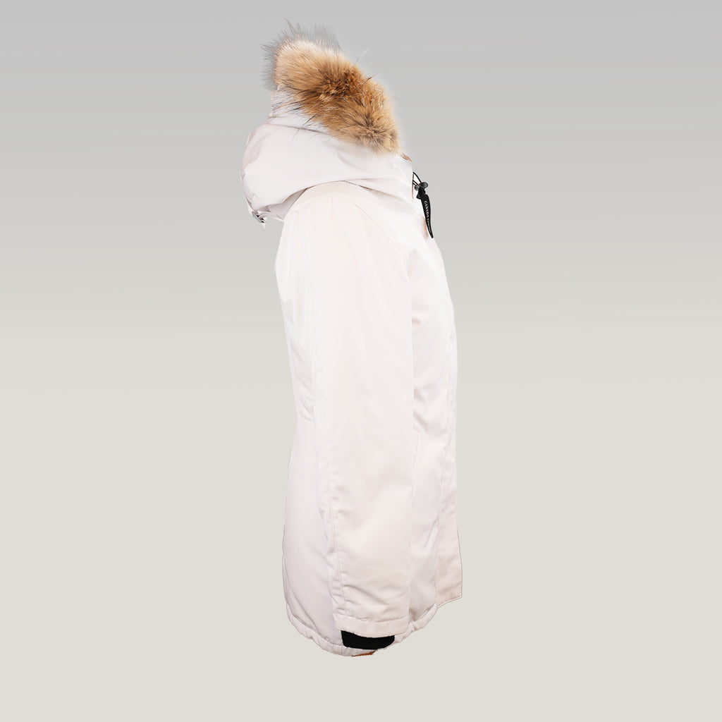 Canada Goose Victoria Parka Donna Bianco Piumino Lungo con Cappuccio e Pelliccia Giacca Invernale Antivento