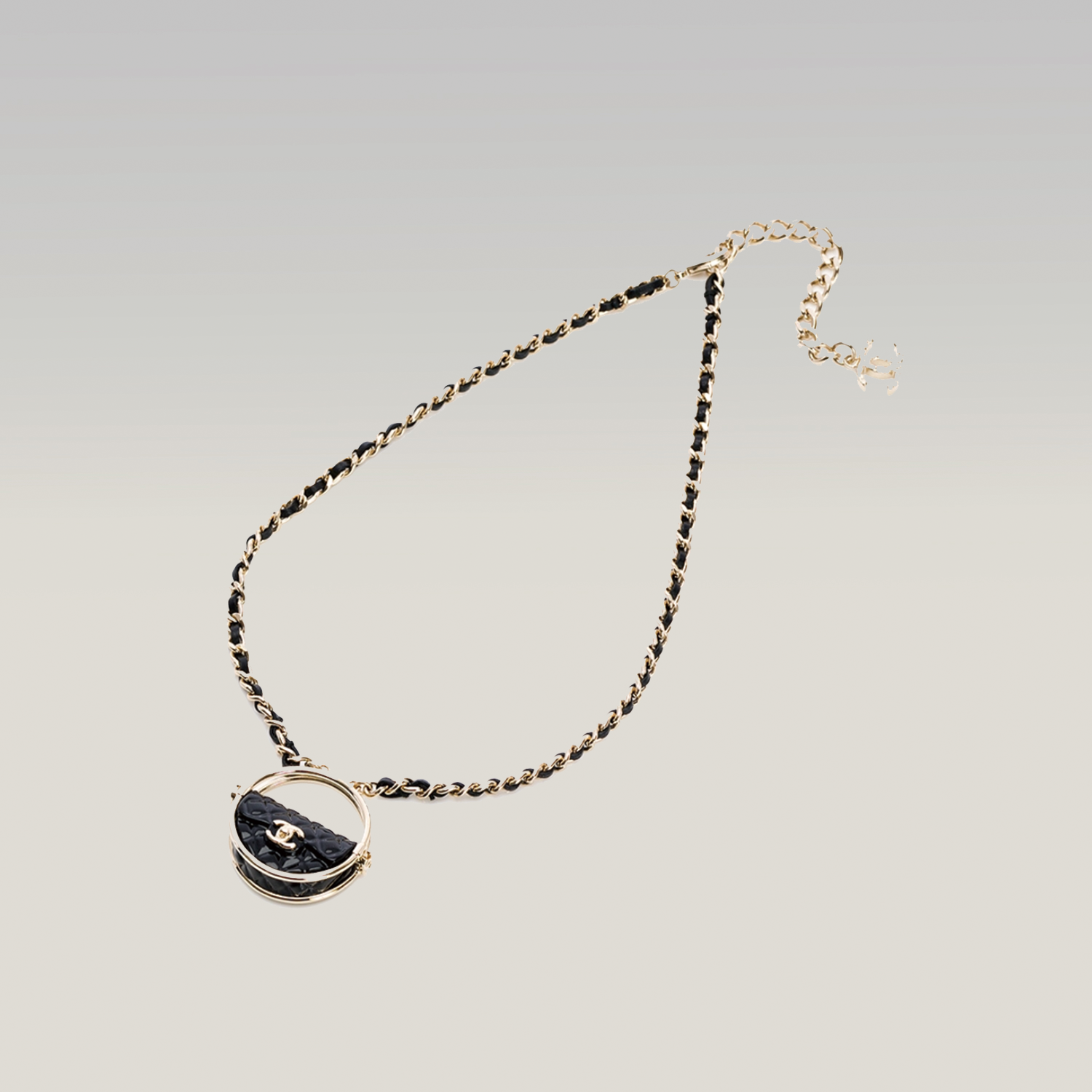 Chanel Double C Pendant Necklace Semicircular Leather Bag Gold 