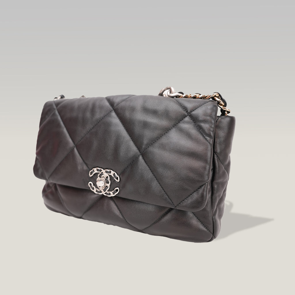 Chanel 19 Large Flap Bag Black Lambskin Quilted Leather Silver Hardware