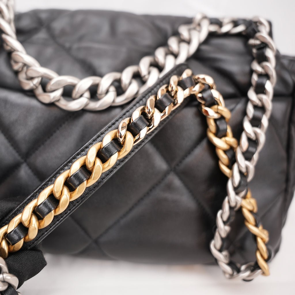 Chanel 19 Large Flap Bag Black Lambskin Quilted Leather Silver Hardware