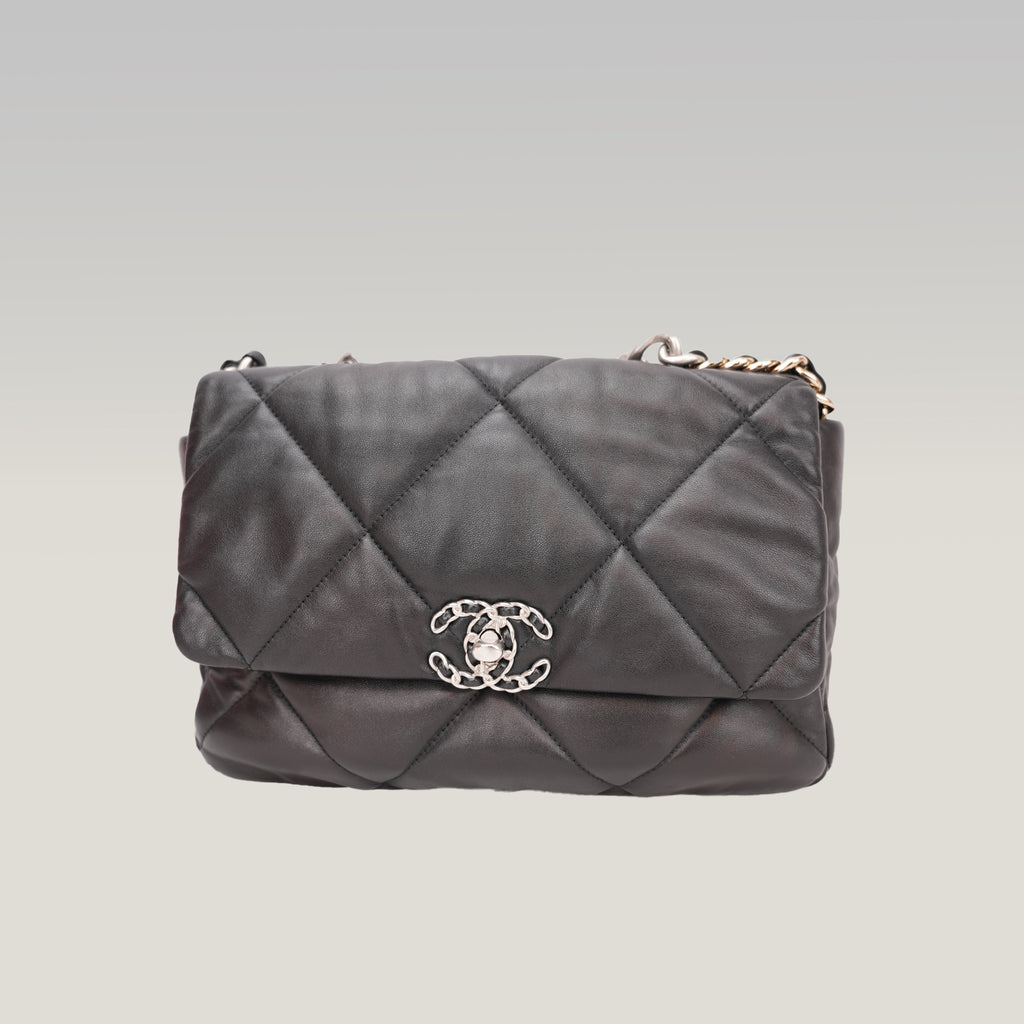 Chanel 19 Large Flap Bag Black Lambskin Quilted Leather Silver Hardware