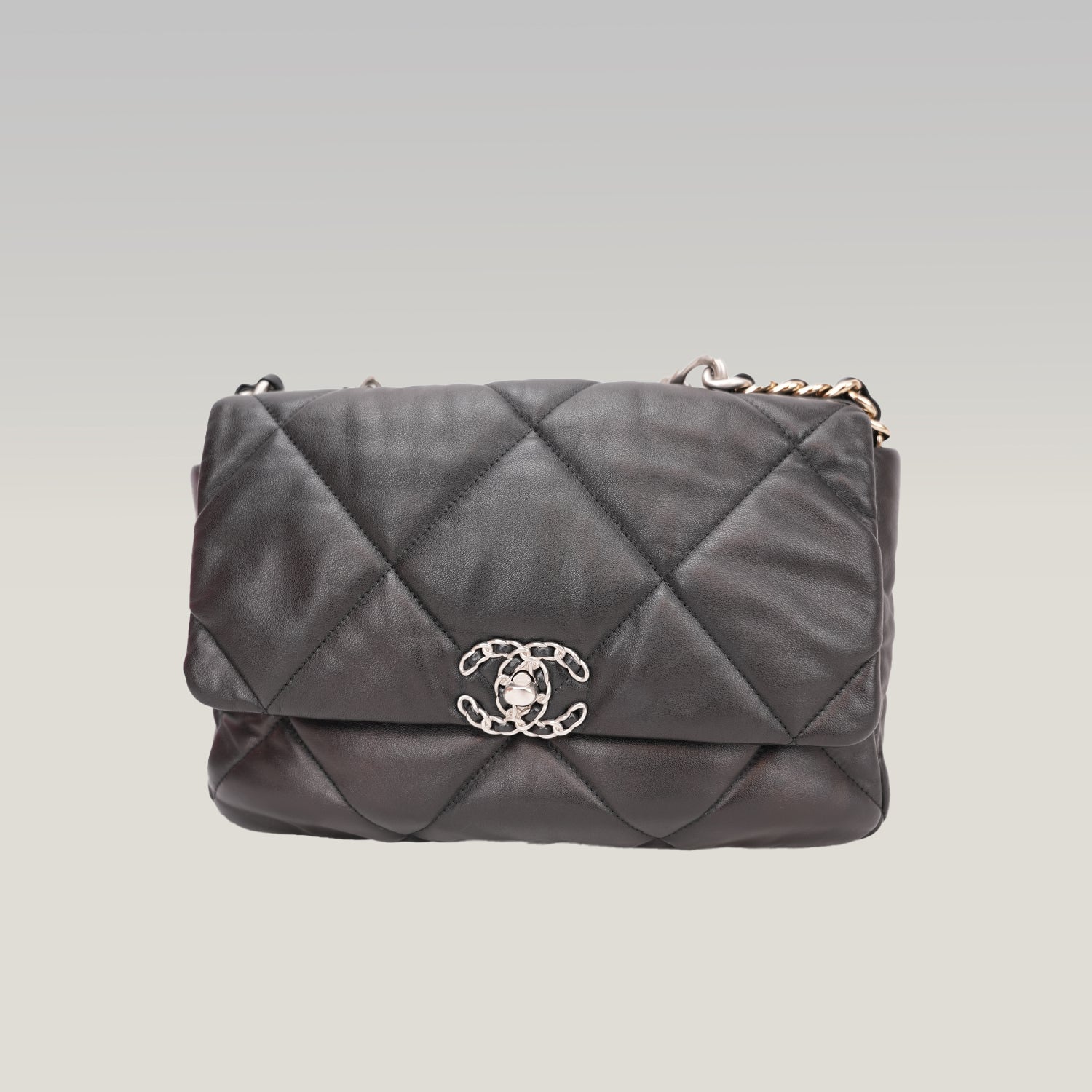 Chanel 19 Large Flap Bag Black Lambskin Quilted Leather Silver Hardware