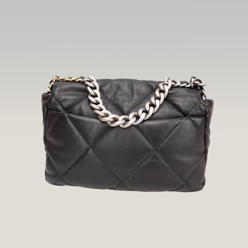 Chanel 19 Large Flap Bag Black Lambskin Quilted Leather Silver Hardware