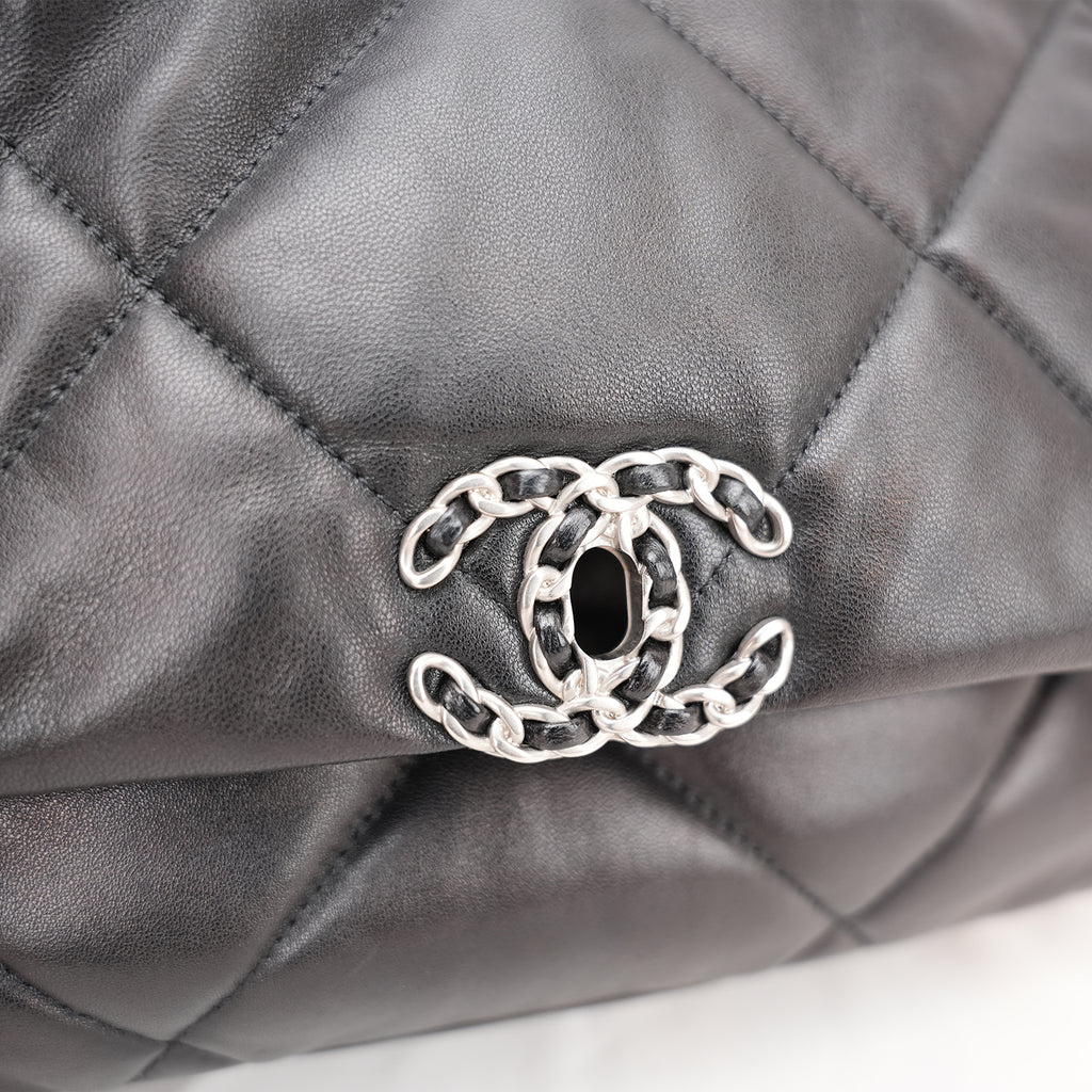 Chanel 19 Large Flap Bag Black Lambskin Quilted Leather Silver Hardware
