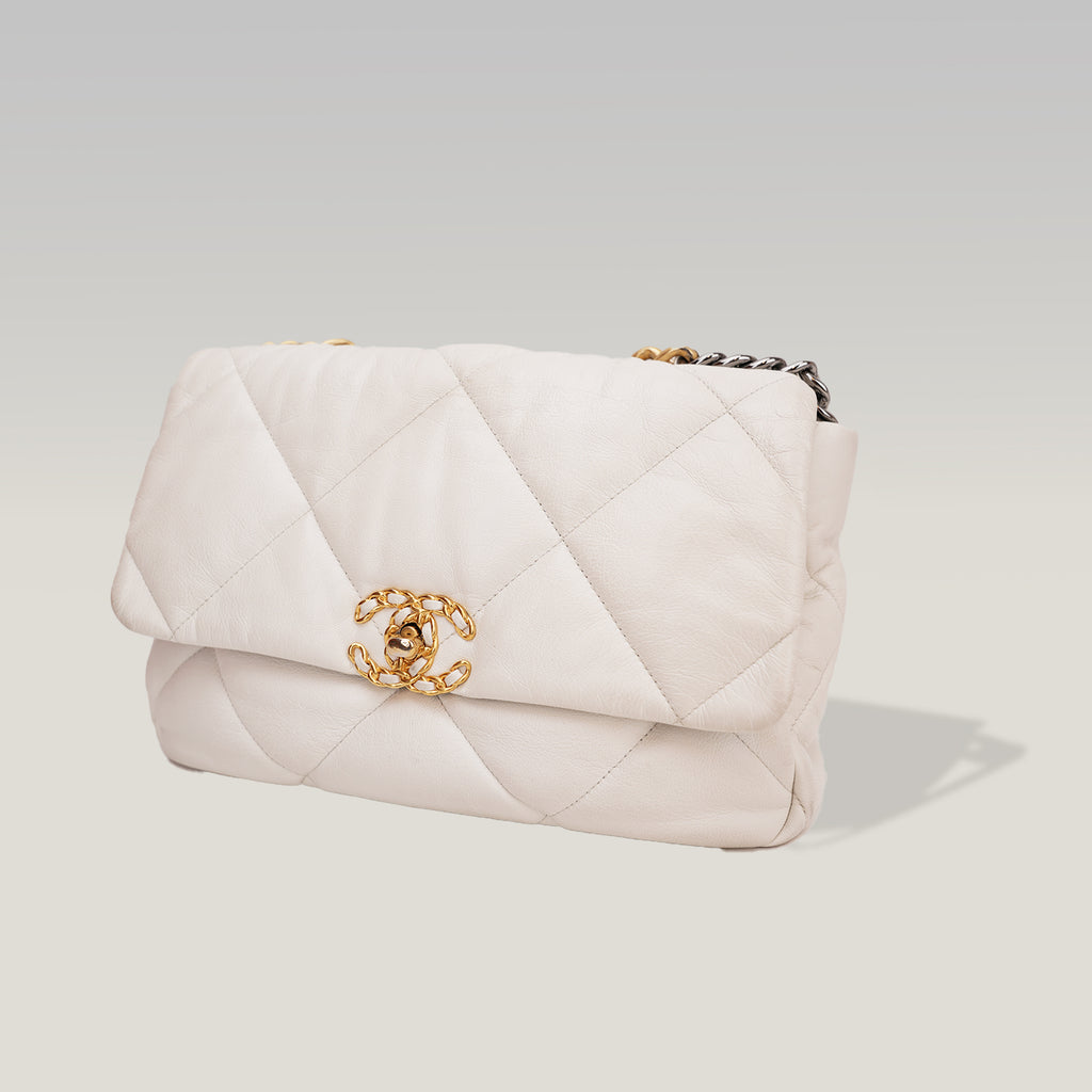 Chanel 19 Medium Flap Bag Beige in Pelle Matelassé con Catena Mista Oro e Argento