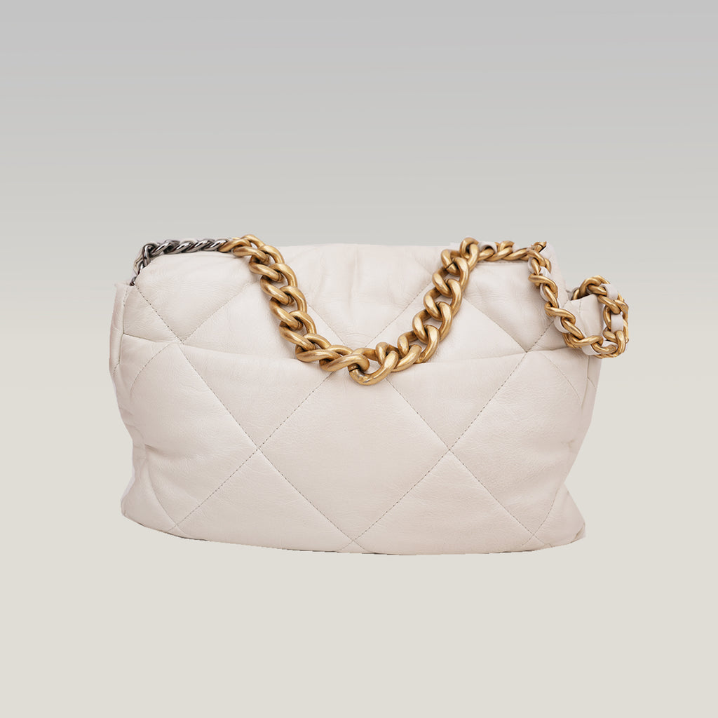 Chanel 19 Medium Flap Bag Beige in Pelle Matelassé con Catena Mista Oro e Argento
