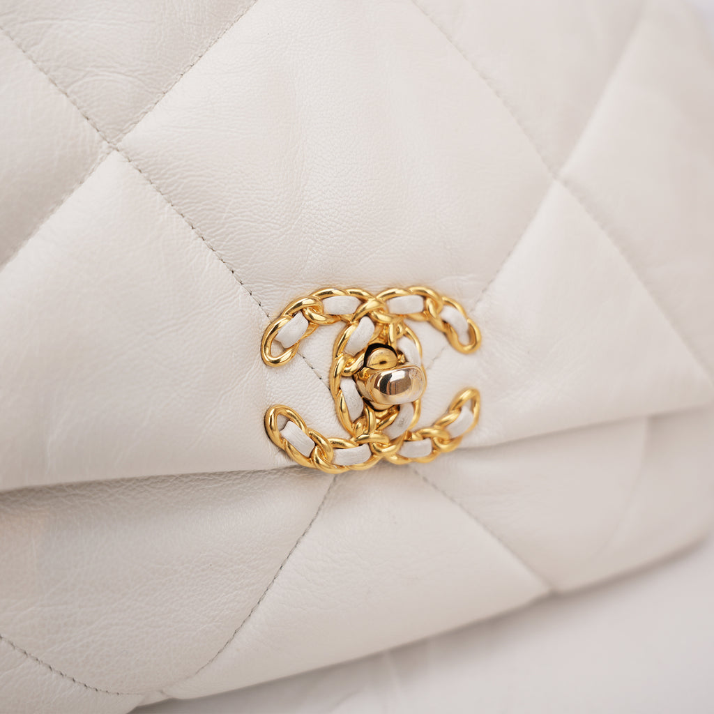 Chanel 19 Medium Flap Bag Beige in Pelle Matelassé con Catena Mista Oro e Argento