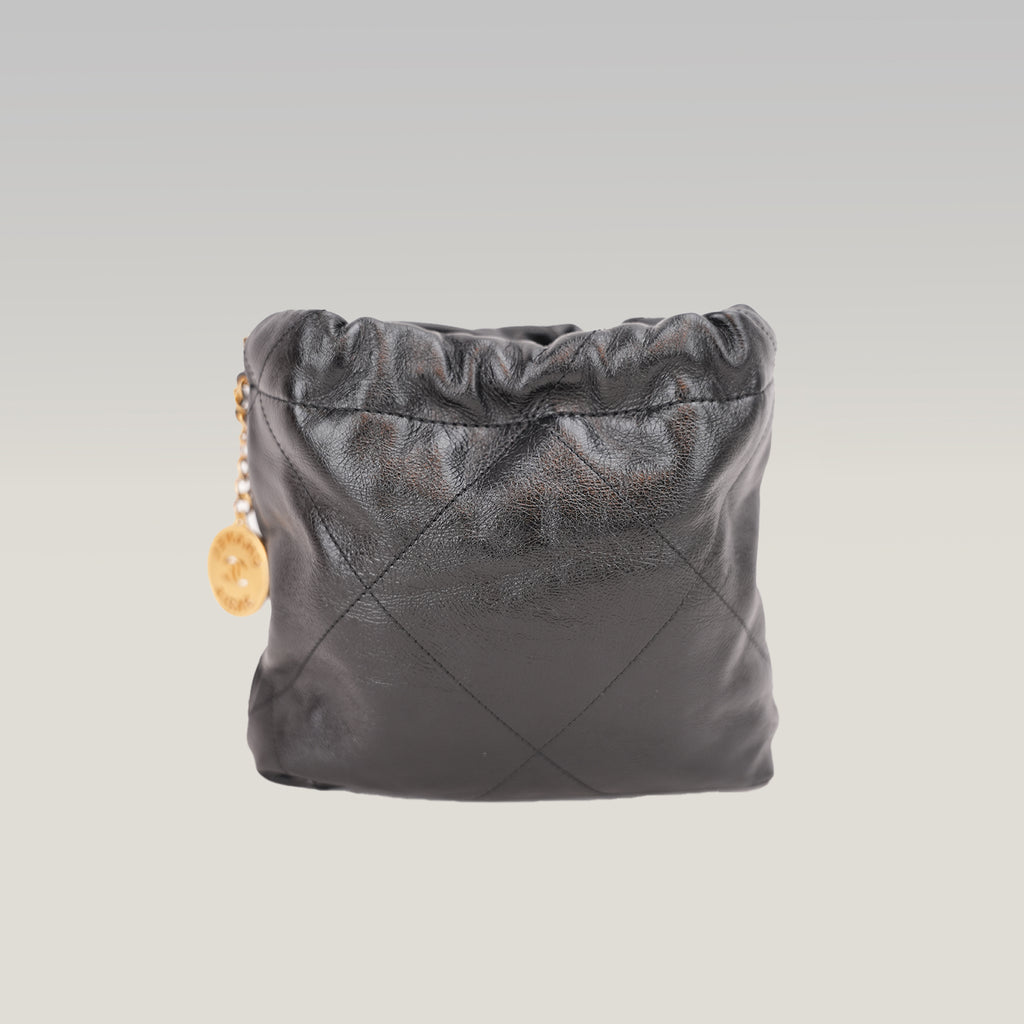 Chanel 22 Mini Borsa a Mano in Pelle Nera Lucida con Perle e Catena Dorata