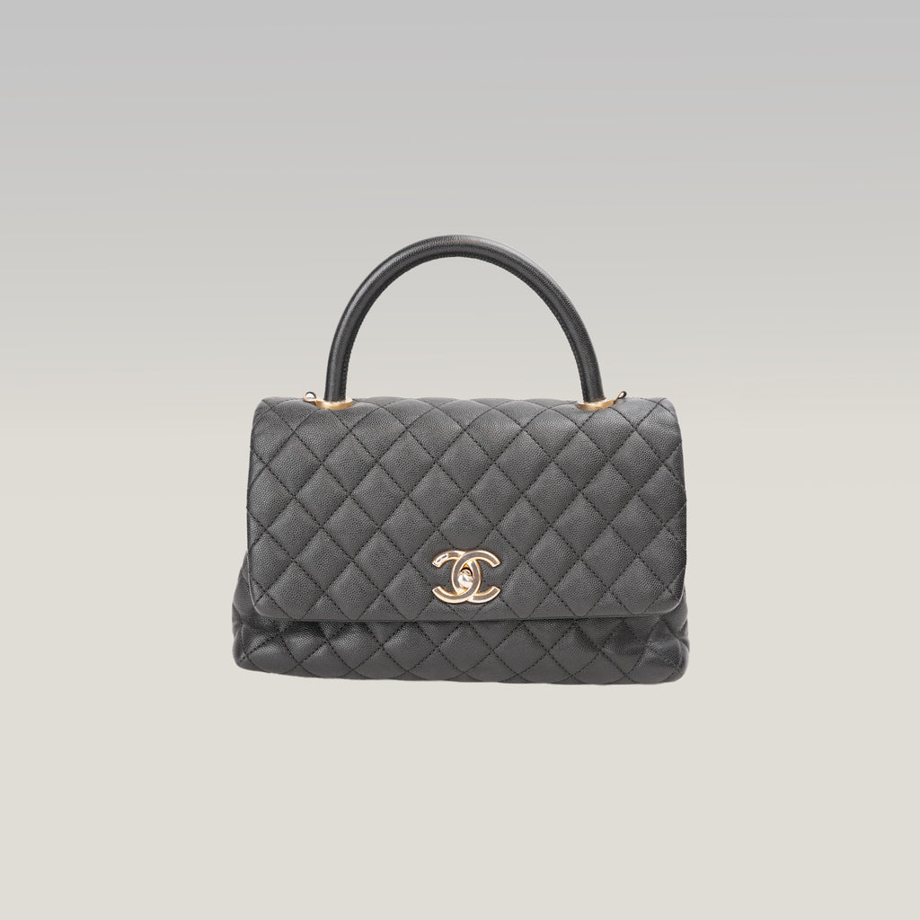 Chanel Coco Handle Borsa a Mano Media in Pelle Caviar Nera Matelassé con Hardware Dorato – Serie 25