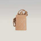 Chanel Portacarte Nude in Pelle Trapuntata con Catena e Charm CC, Carta ed Etichetta