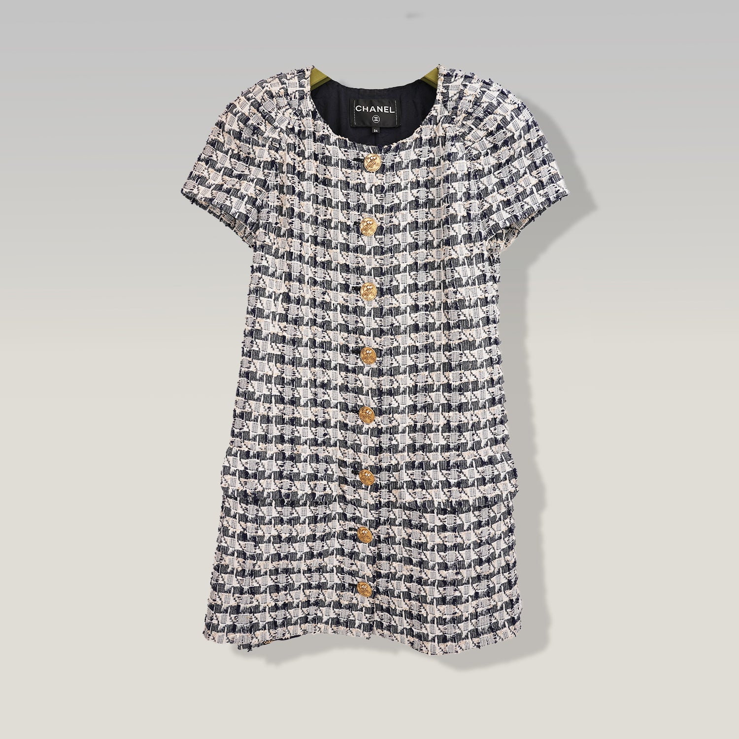 Chanel Abito Tweed Navy e Bianco con Bottoni Gioiello Dorati