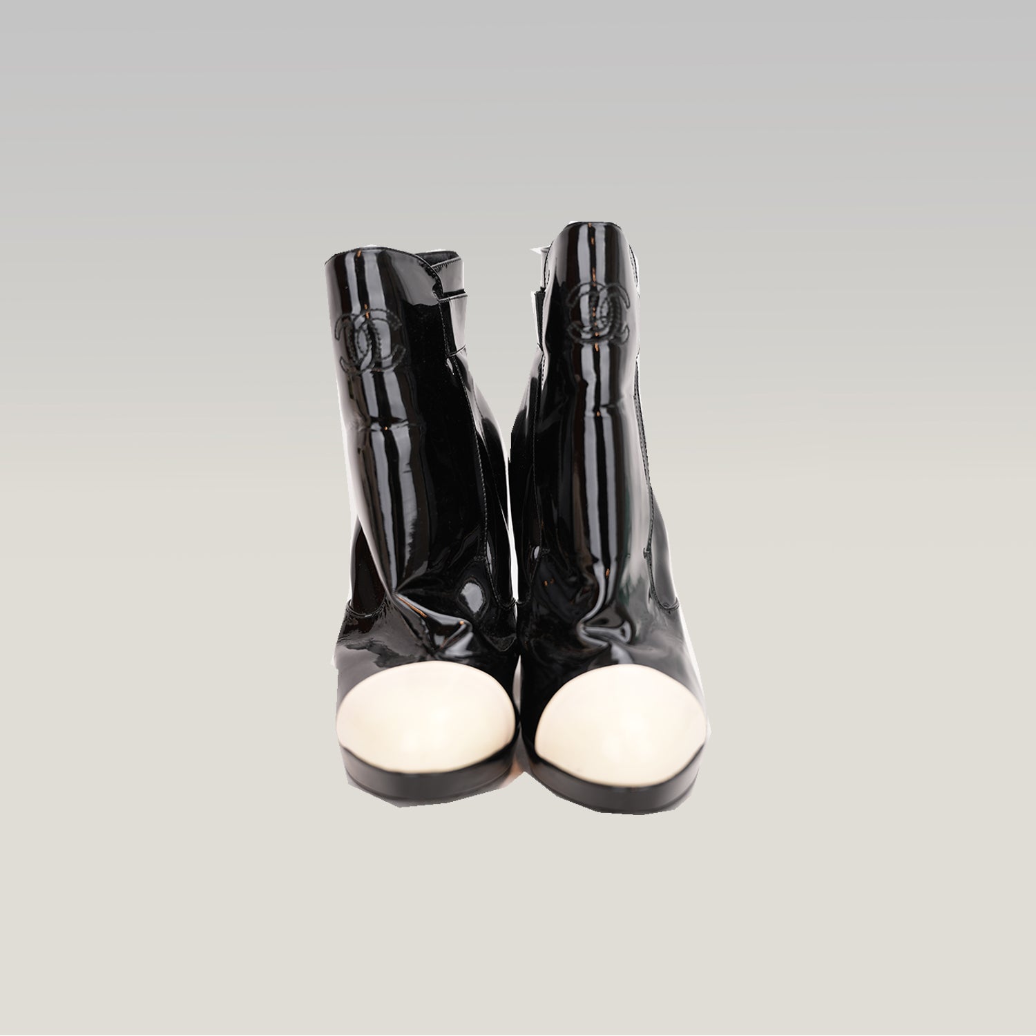 Chanel Patent Leather Ankle Boots in Black and White – Size 40.5