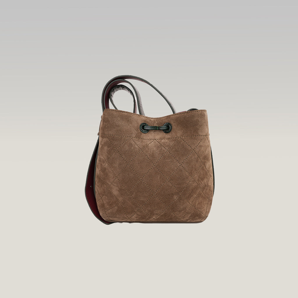 Chanel 26B CC Loop Small Bucket Bag in Suede Beige Scuro con Pelle Nera e Hardware Dorato