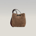 Chanel 26B CC Loop Small Bucket Bag in Suede Beige Scuro con Pelle Nera e Hardware Dorato