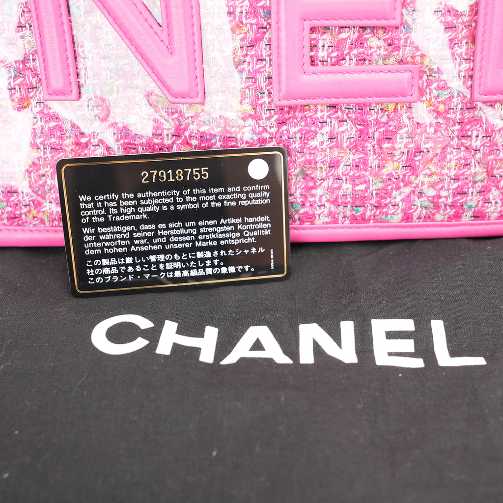 Chanel Clutch Pouch in Tweed Rosa Multicolore e PVC Trasparente con Maxi Logo CHANEL – Con Carta e Dust Bag