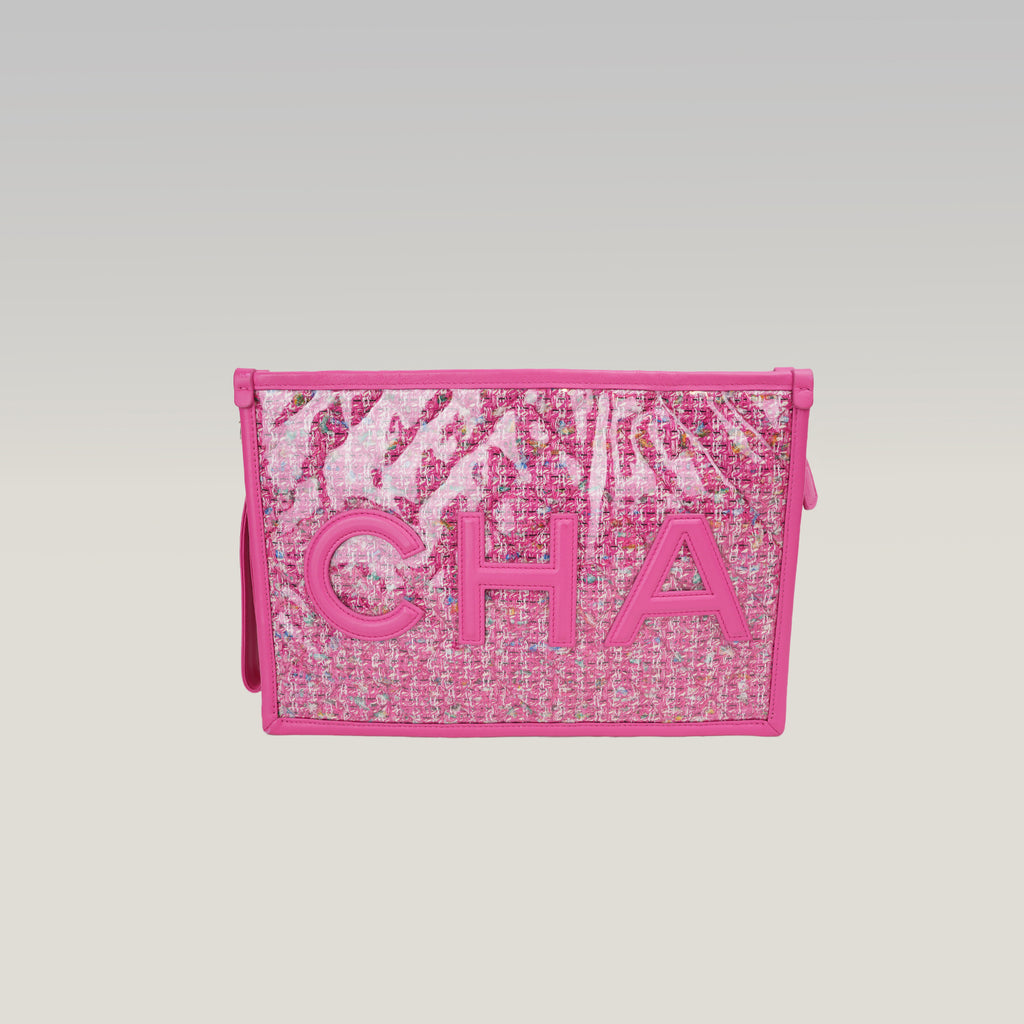 Chanel Clutch Pouch in Tweed Rosa Multicolore e PVC Trasparente con Maxi Logo CHANEL – Con Carta e Dust Bag