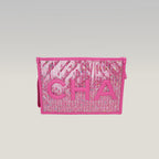 Chanel Clutch Pouch in Tweed Rosa Multicolore e PVC Trasparente con Maxi Logo CHANEL – Con Carta e Dust Bag