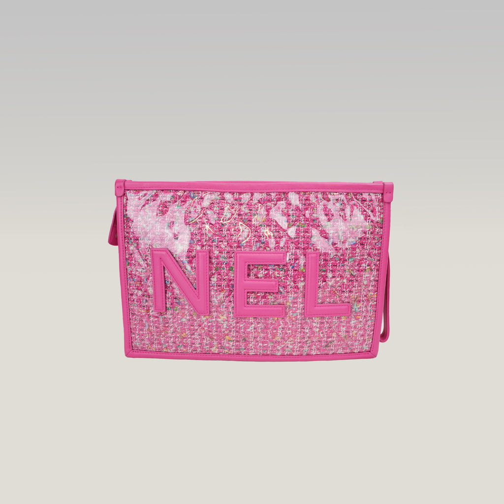 Chanel Clutch Pouch in Tweed Rosa Multicolore e PVC Trasparente con Maxi Logo CHANEL – Con Carta e Dust Bag