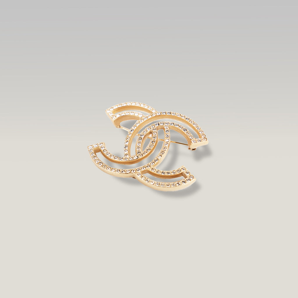 Chanel Spilla Vintage CC del 2015 in Metallo Dorato con Strass e Cristalli Luminosi