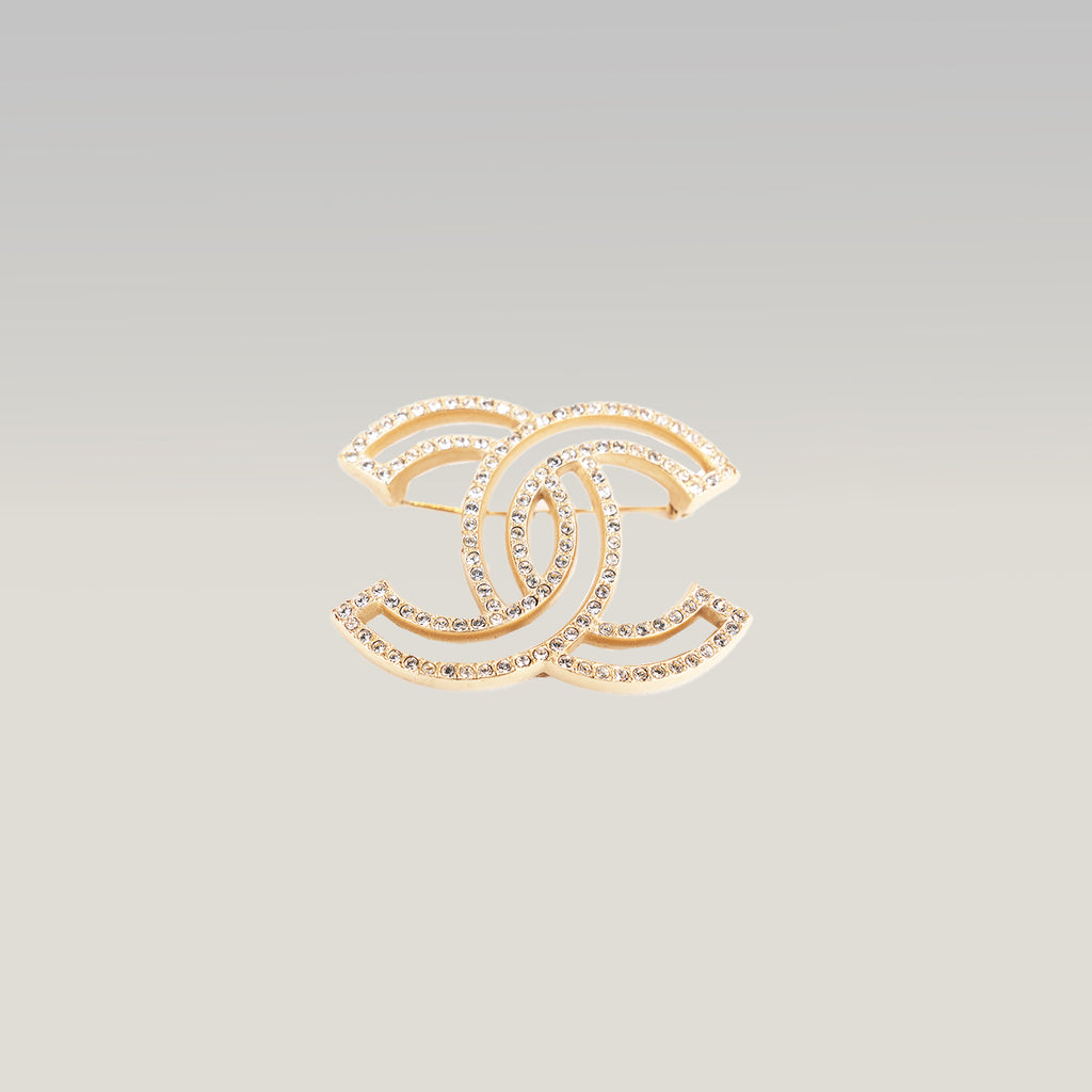 Chanel Spilla Vintage CC del 2015 in Metallo Dorato con Strass e Cristalli Luminosi
