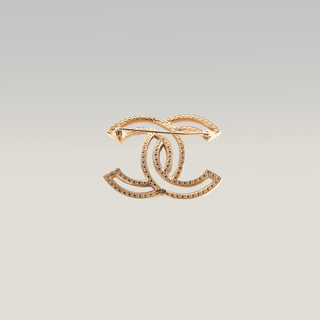 Chanel Spilla Vintage CC del 2015 in Metallo Dorato con Strass e Cristalli Luminosi