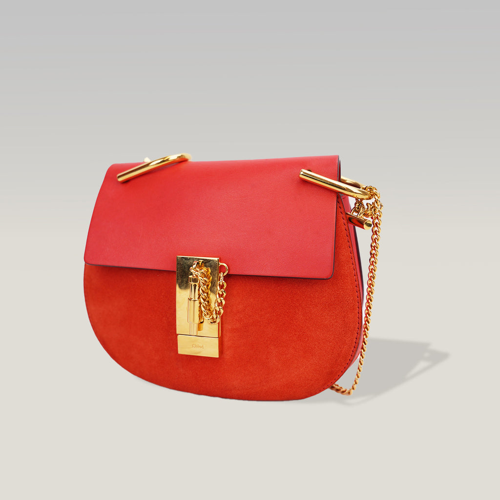 Chloé Drew Chain Small Red Leather Shoulder Bag con Hardware Oro