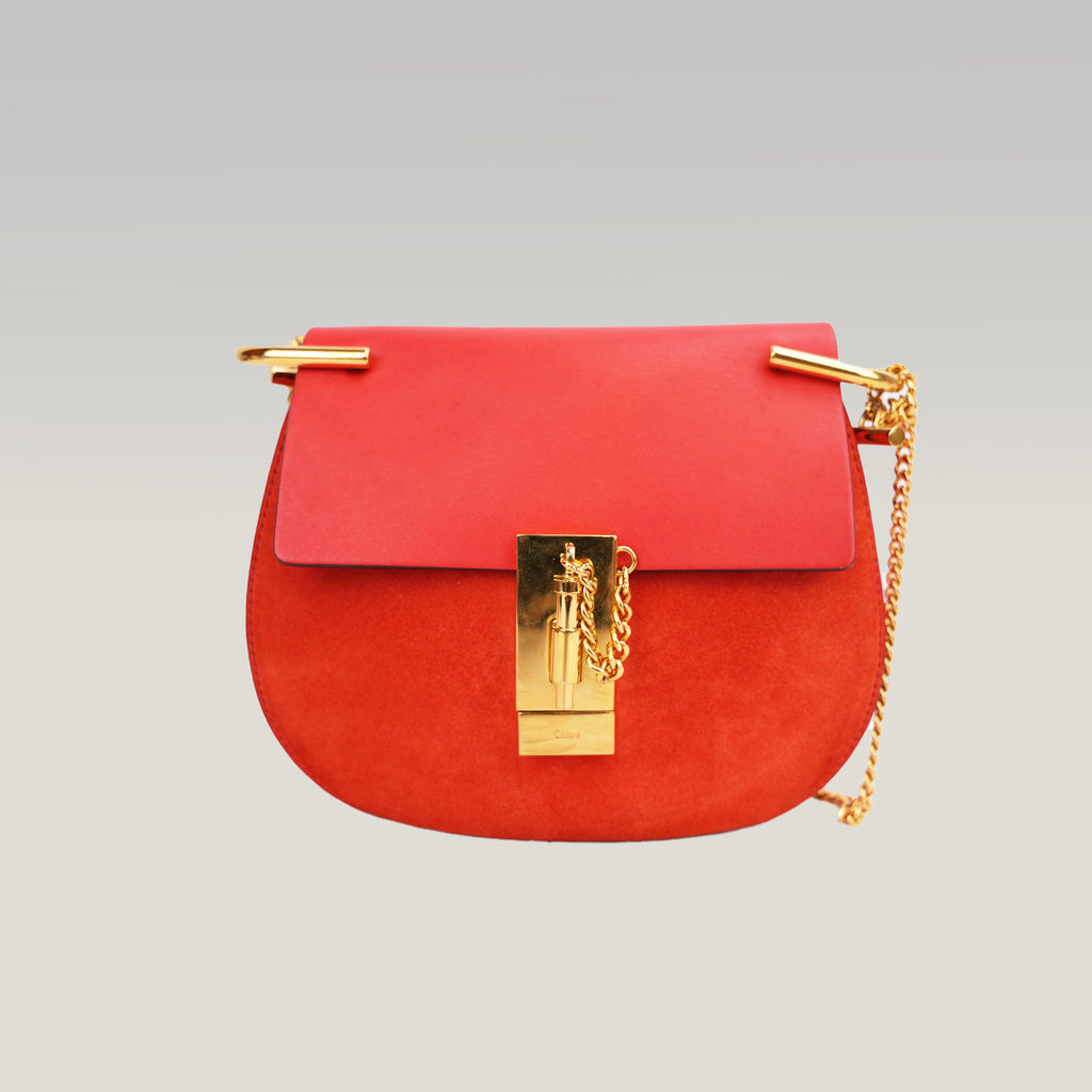Chloé Drew Chain Small Red Leather Shoulder Bag con Hardware Oro