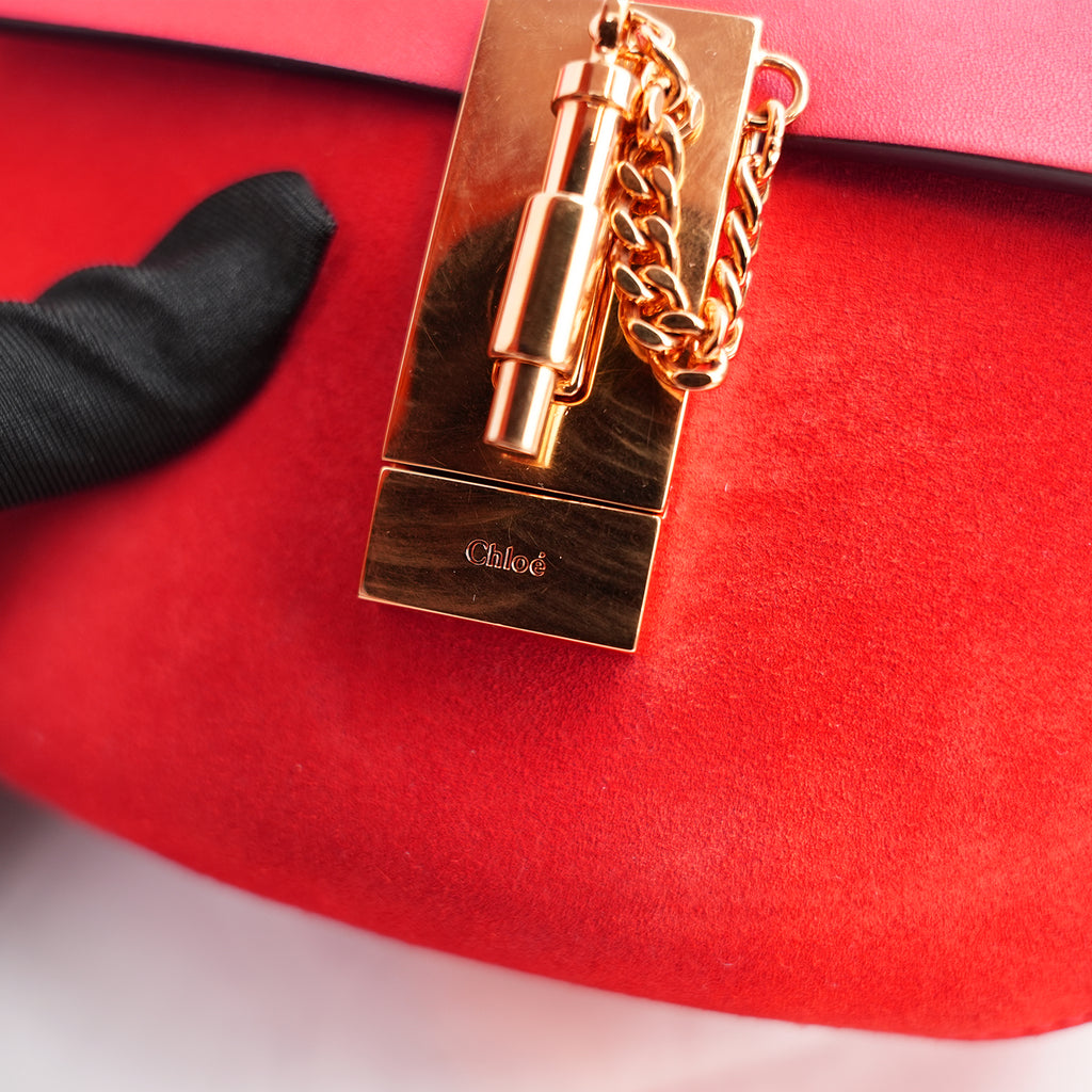 Chloé Drew Chain Small Red Leather Shoulder Bag con Hardware Oro