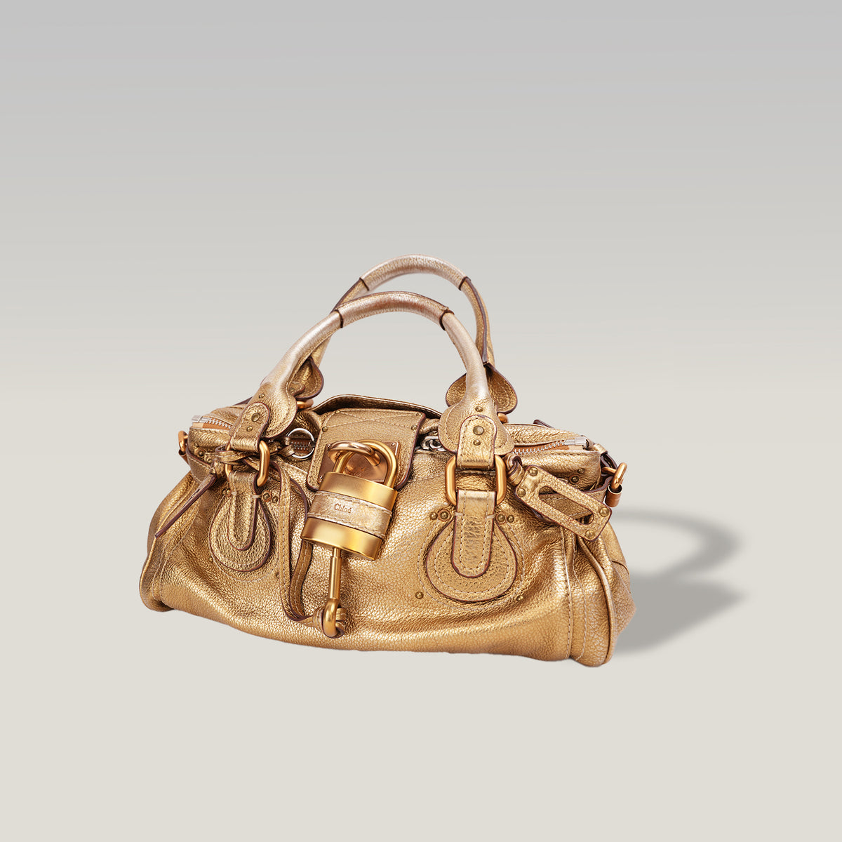 Chloé Paddington Borsa a Mano Media Vintage in Pelle Metallizzata Oro con Iconico Lucchetto