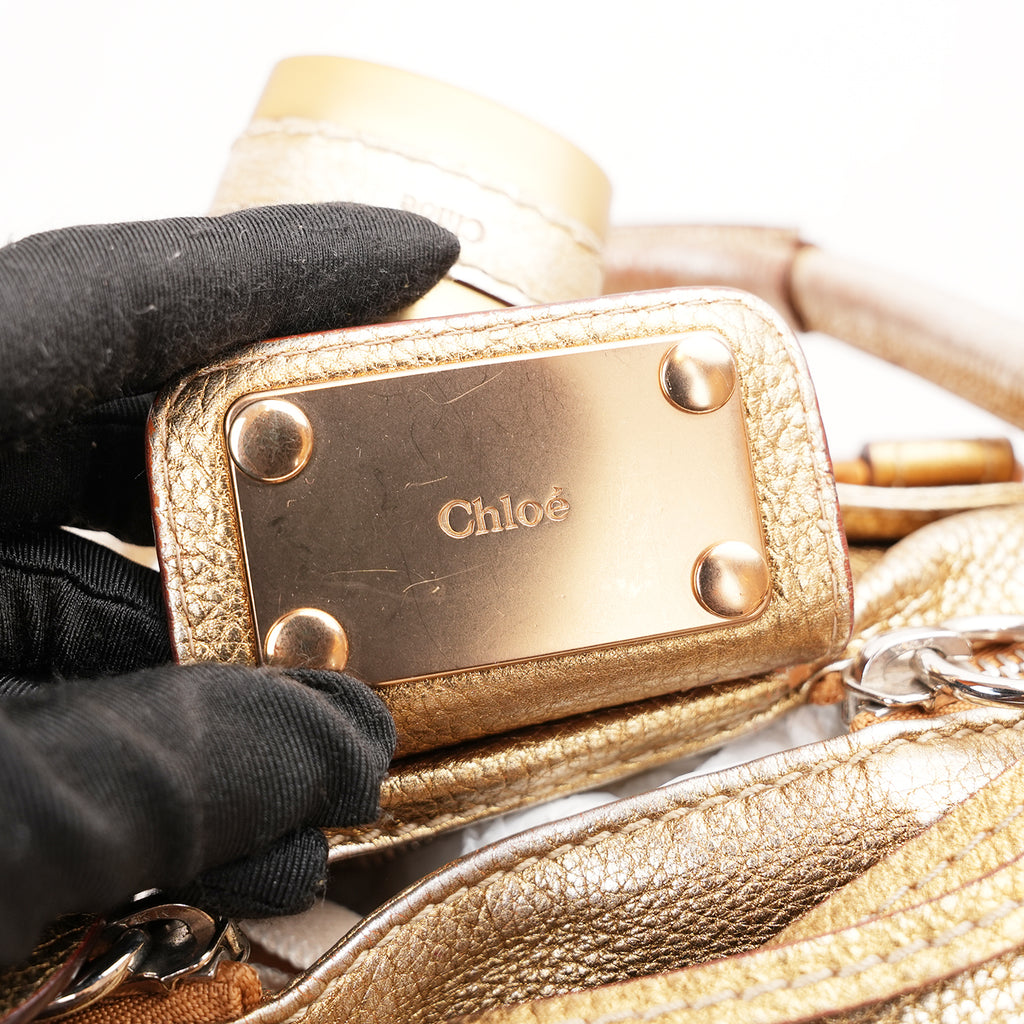 Chloé Paddington Borsa a Mano Media Vintage in Pelle Metallizzata Oro con Iconico Lucchetto