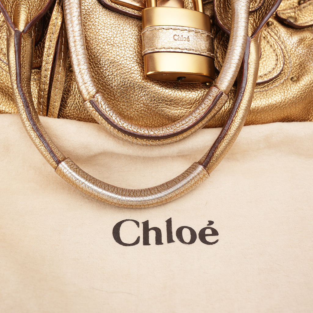 Chloé Paddington Borsa a Mano Media Vintage in Pelle Metallizzata Oro con Iconico Lucchetto