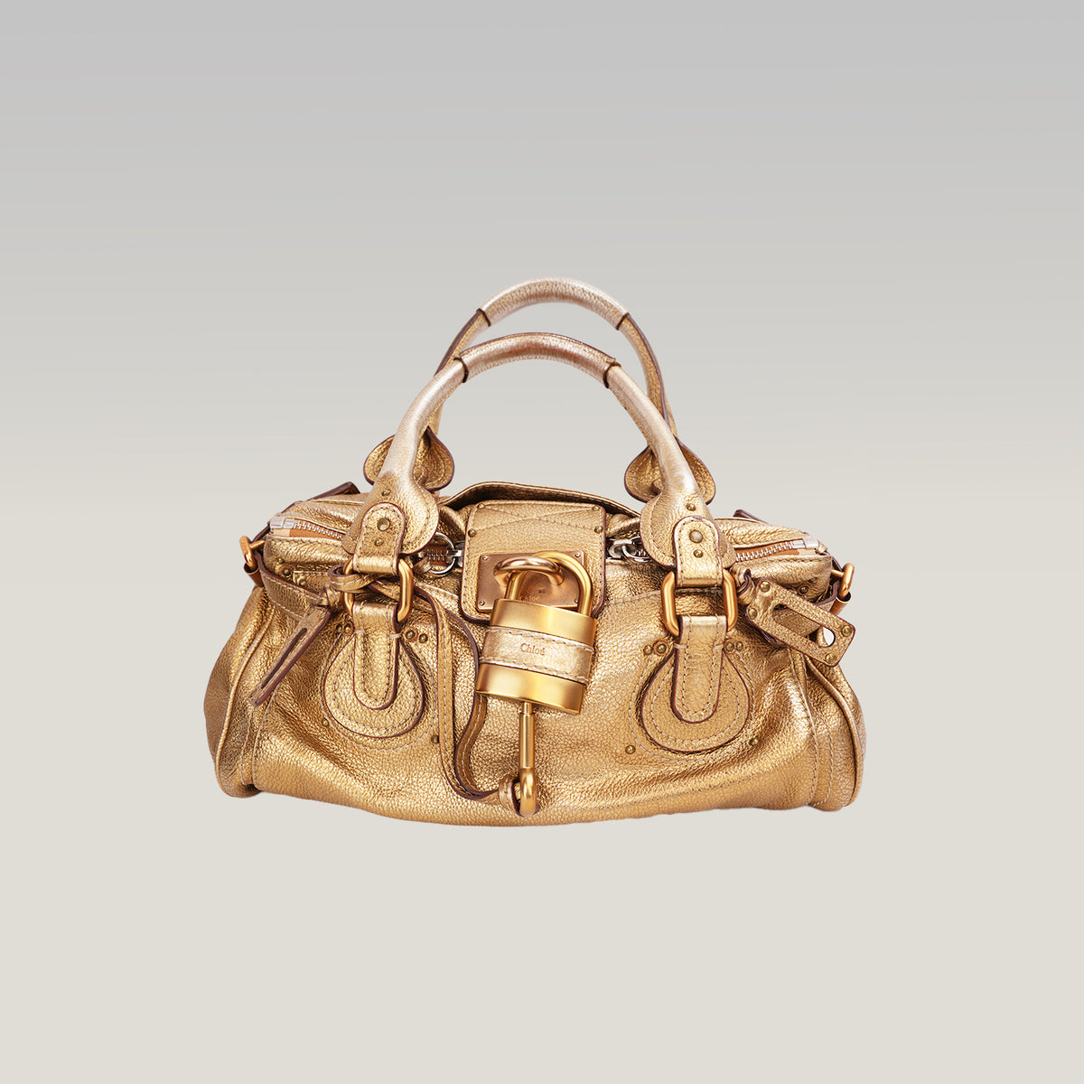 Chloé Paddington Borsa a Mano Media Vintage in Pelle Metallizzata Oro con Iconico Lucchetto