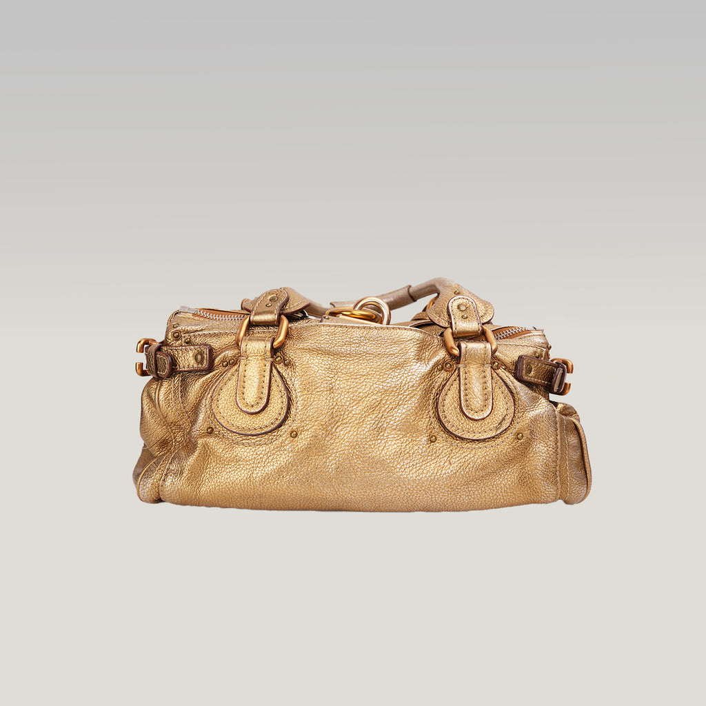 Chloé Paddington Borsa a Mano Media Vintage in Pelle Metallizzata Oro con Iconico Lucchetto