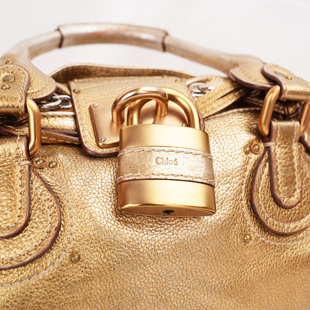 Chloé Paddington Borsa a Mano Media Vintage in Pelle Metallizzata Oro con Iconico Lucchetto