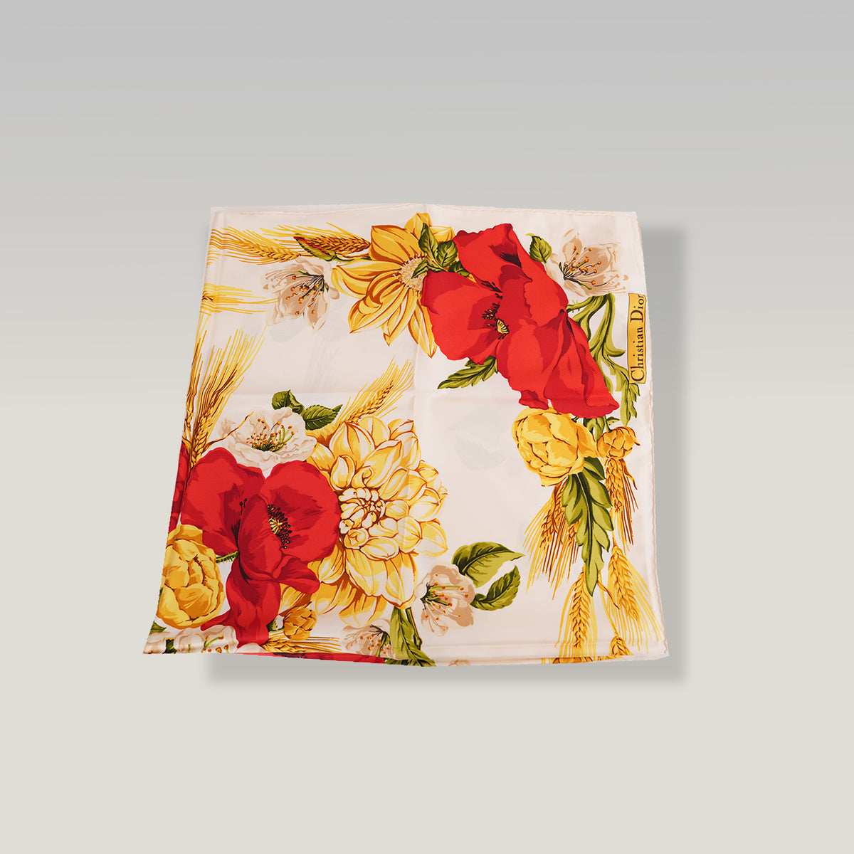 Christian Dior Foulard Vintage in Seta Bianca con Stampa Floreale Rossa e Gialla