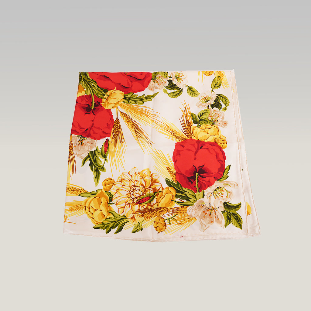 Christian Dior Foulard Vintage in Seta Bianca con Stampa Floreale Rossa e Gialla