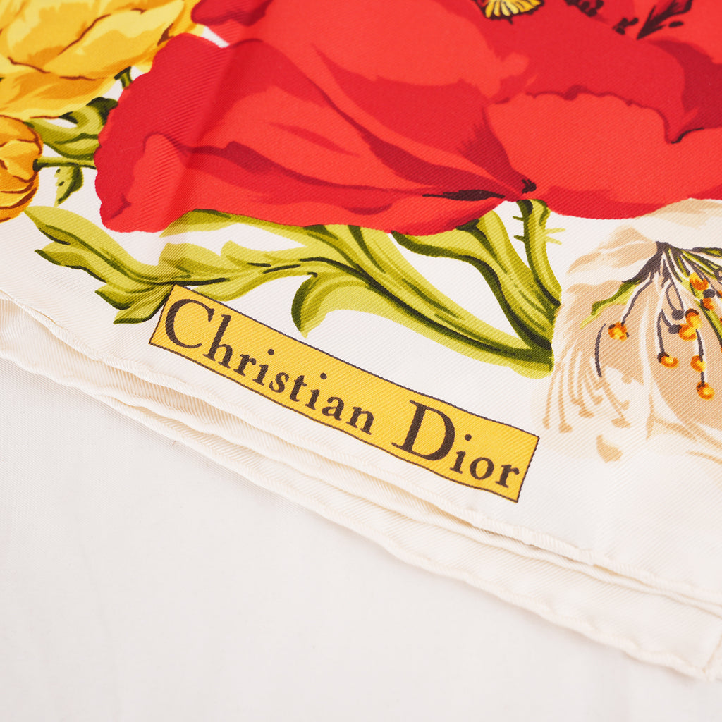 Christian Dior Foulard Vintage in Seta Bianca con Stampa Floreale Rossa e Gialla