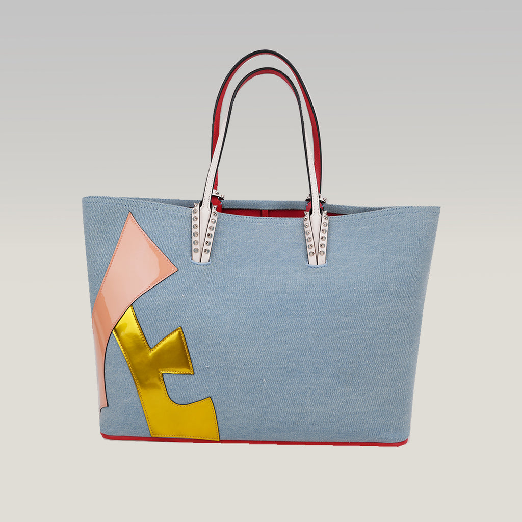 Christian Louboutin Cabata East West Denim Tote Bag Blue Denim Love Graphic Studded Tote