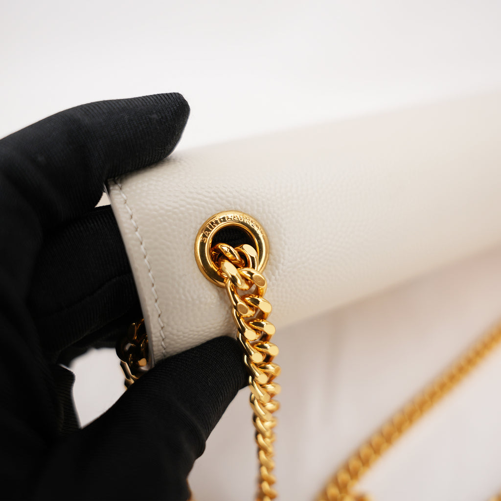 Saint Laurent Kate Monogram Chain Wallet White Grain de Poudre Leather with Cassandre Logo