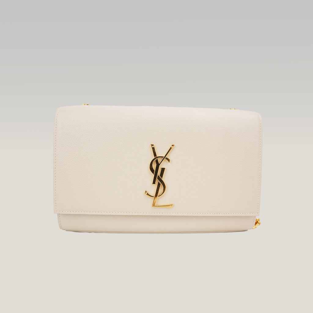 Saint Laurent Kate Monogram Chain Wallet White Grain de Poudre Leather with Cassandre Logo
