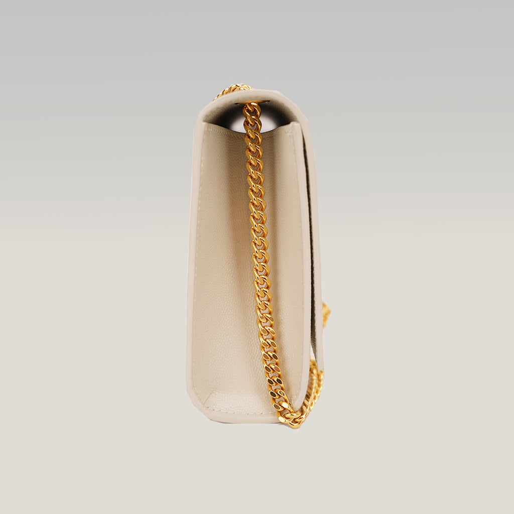 Saint Laurent Kate Monogram Chain Wallet White Grain de Poudre Leather with Cassandre Logo