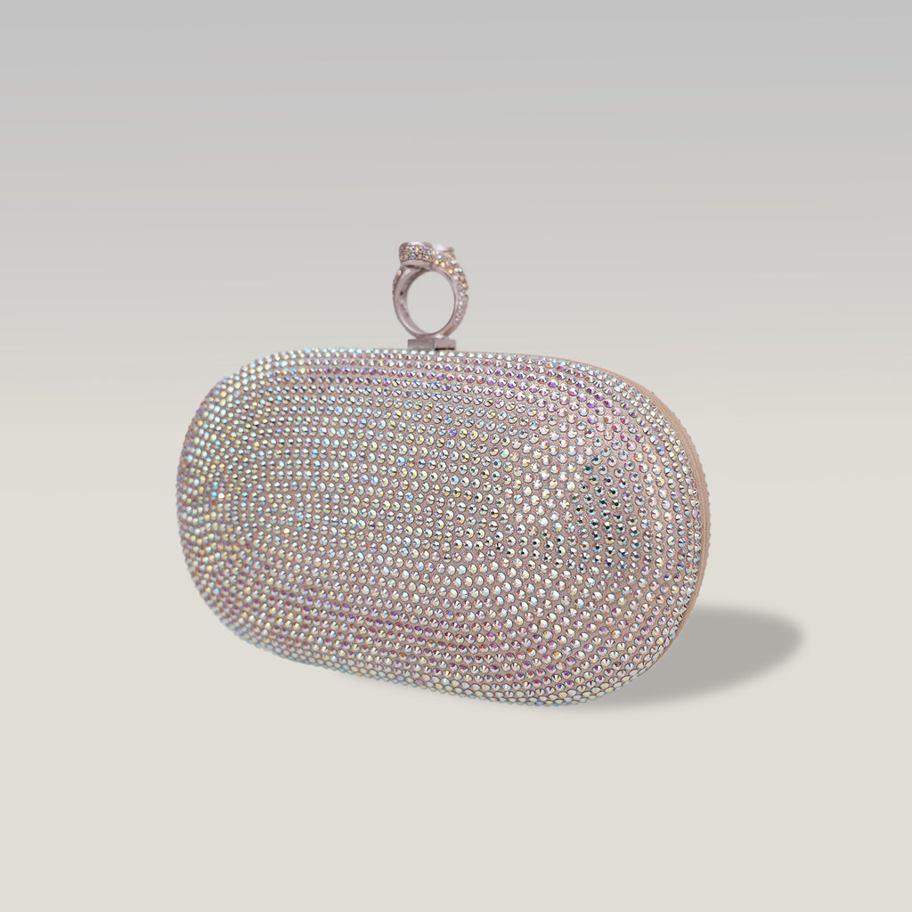 Crystal Ring Clutch Bag Argento con Strass Multicolor e Chiusura ad Anello