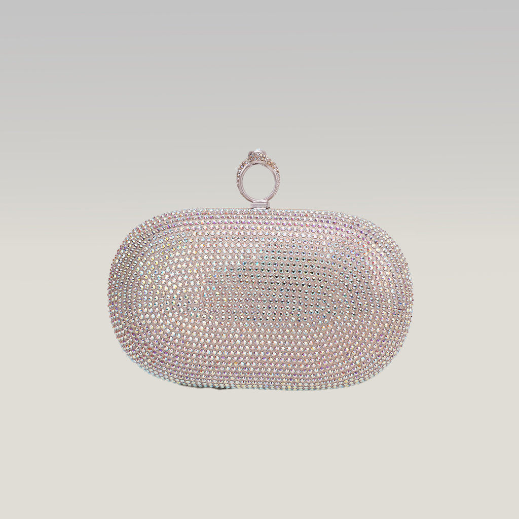Crystal Ring Clutch Bag Argento con Strass Multicolor e Chiusura ad Anello