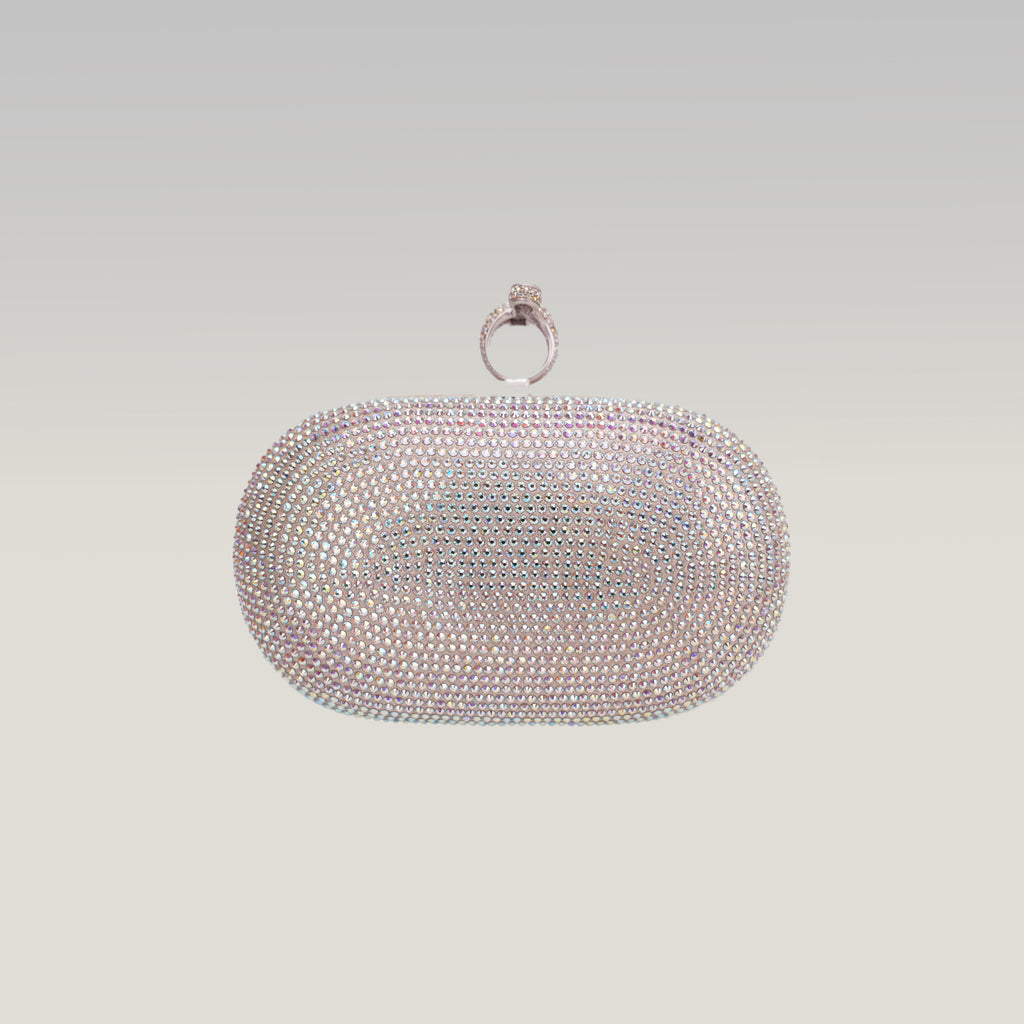 Crystal Ring Clutch Bag Argento con Strass Multicolor e Chiusura ad Anello