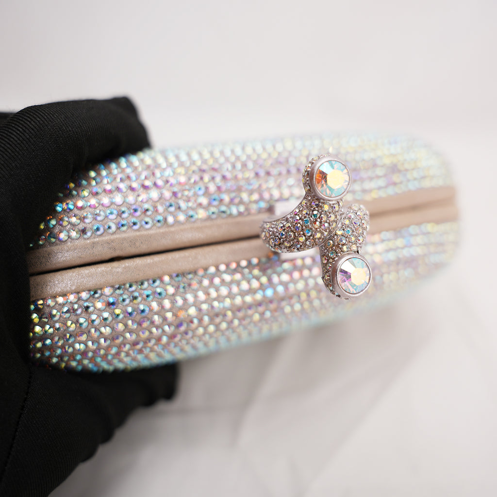 Crystal Ring Clutch Bag Argento con Strass Multicolor e Chiusura ad Anello