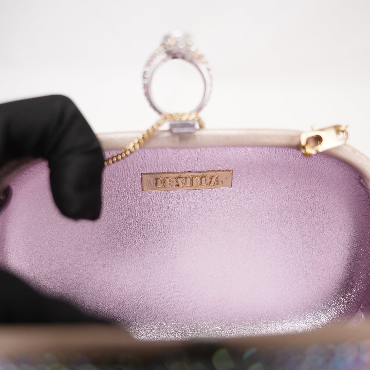 Crystal Ring Clutch Bag Argento con Strass Multicolor e Chiusura ad Anello