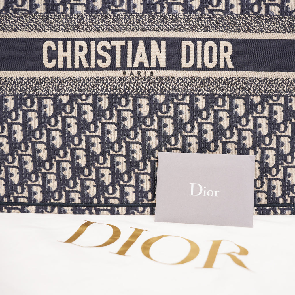 Christian Dior Book Tote Large Blue Oblique Embroidered Canvas Tote Bag