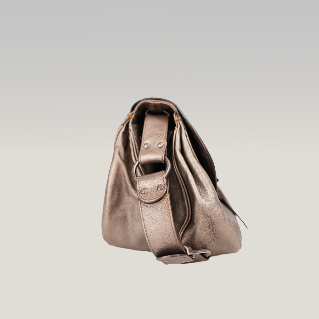 Dior Gaucho Vintage Borsa a Spalla in Pelle Laminata Marrone con Maxi Fibbia