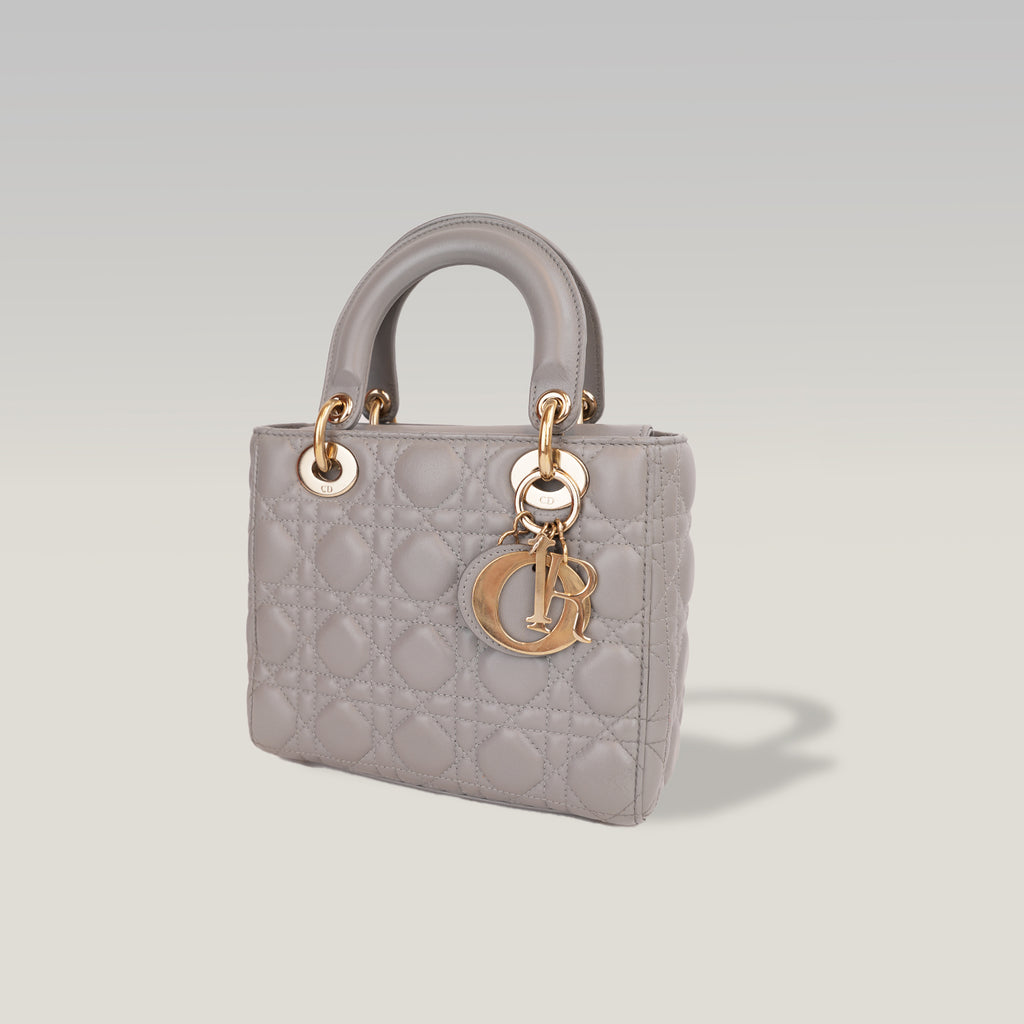Dior Lady Dior Small Grigia in Pelle di Agnello Cannage con Hardware Dorato e Carta di Autenticità