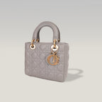 Dior Lady Dior Small Grigia in Pelle di Agnello Cannage con Hardware Dorato e Carta di Autenticità